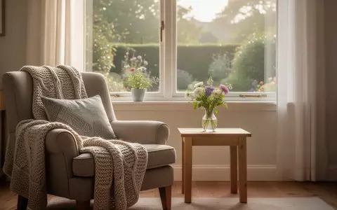Ein helles, aufgeräumtes Wohnzimmer mit einem bequemen Sessel und einem Blick in einen ruhigen Garten. - Foto: über boerse-global.de