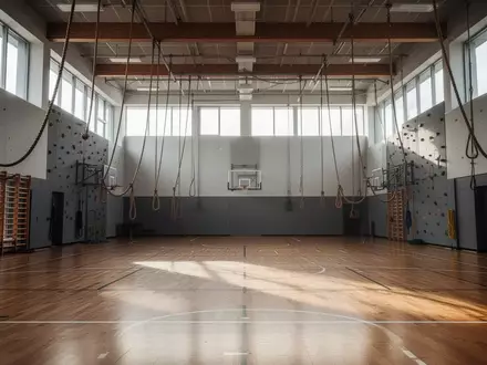 Leere Sporthalle mit poliertem Holzboden und Kletterseilen bei natürlichem Tageslicht. - Foto: über boerse-global.de