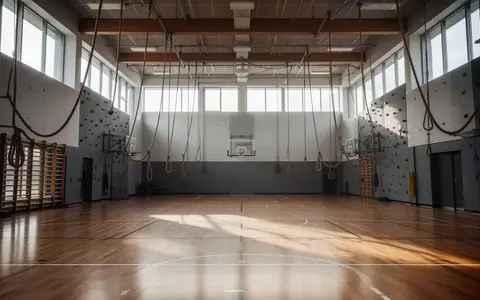 Leere Sporthalle mit poliertem Holzboden und Kletterseilen bei natürlichem Tageslicht. - Foto: über boerse-global.de