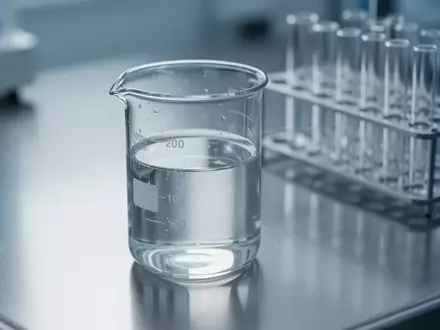 Ein gläserner Laborbecher mit einer klaren Flüssigkeit auf einer sterilen Edelstahloberfläche in einer medizinischen Umgebung. - Foto: über boerse-global.de