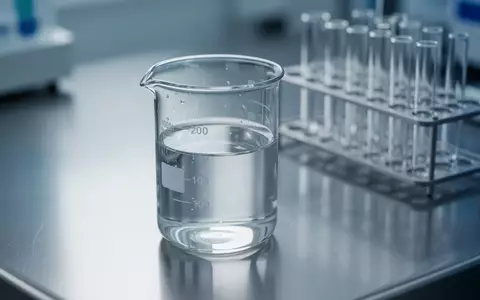 Ein gläserner Laborbecher mit einer klaren Flüssigkeit auf einer sterilen Edelstahloberfläche in einer medizinischen Umgebung. - Foto: über boerse-global.de