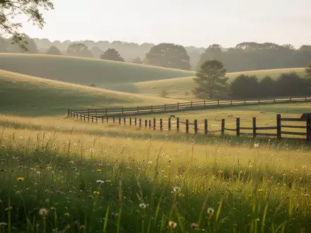 Eine sonnige, friedliche Wiese mit sanft geschwungenen Hügeln und einem Holzzaun in einer natürlichen Landschaft. - Foto: über boerse-global.de