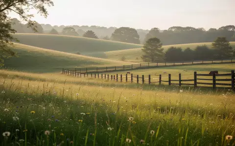 Eine sonnige, friedliche Wiese mit sanft geschwungenen Hügeln und einem Holzzaun in einer natürlichen Landschaft. - Foto: über boerse-global.de