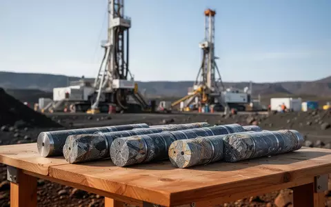 Geologische Gesteinsproben auf einem Tisch vor einer Industrieanlage zur Rohstoffgewinnung. - Foto: über boerse-global.de