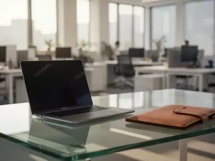 Modernes, helles Bürointerieur mit einem Laptop auf einem Schreibtisch, das eine professionelle Arbeitsatmosphäre symbolisiert. - Foto: über boerse-global.de