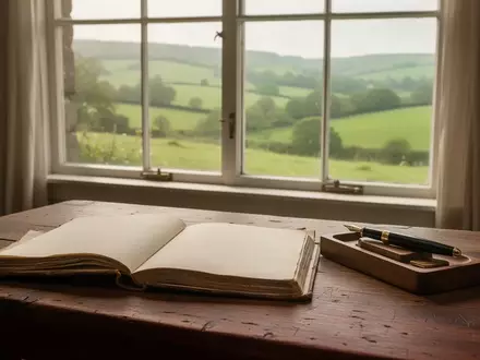 Ein ruhiger Arbeitsraum mit einem leeren Notizbuch und einem Blick auf eine grüne Hügellandschaft bei Sonnenaufgang. - Foto: über boerse-global.de
