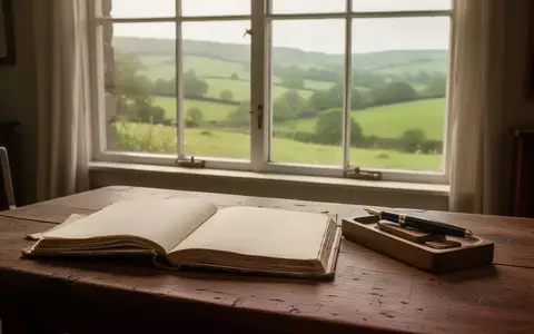 Ein ruhiger Arbeitsraum mit einem leeren Notizbuch und einem Blick auf eine grüne Hügellandschaft bei Sonnenaufgang. - Foto: über boerse-global.de