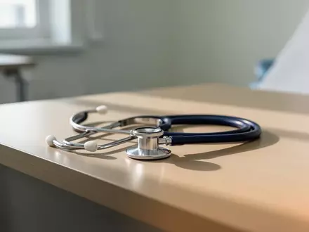 Ein medizinisches Stethoskop liegt auf einem schlichten, hellen Untersuchungstisch in einem ruhigen Behandlungszimmer. - Foto: über boerse-global.de