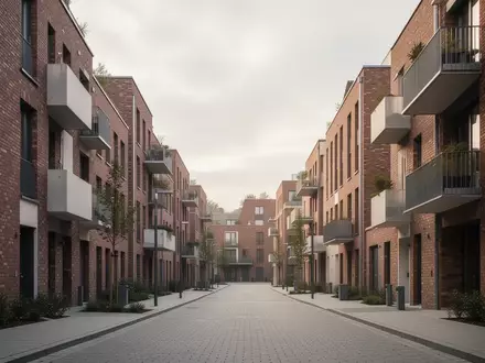 Eine ruhige Wohnstraße mit modernen Backsteingebäuden und Balkonen bei bewölktem Tageslicht. - Foto: über boerse-global.de