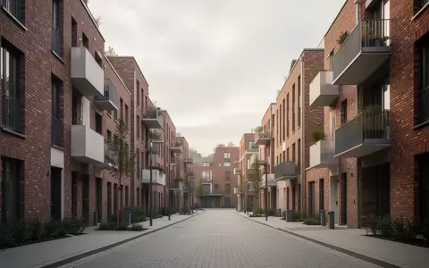 Eine ruhige Wohnstraße mit modernen Backsteingebäuden und Balkonen bei bewölktem Tageslicht. - Foto: über boerse-global.de