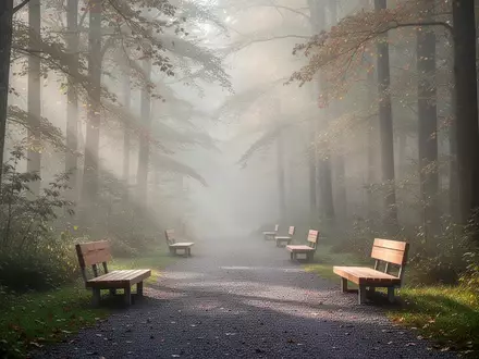 Ein nebliger Waldweg in einer ruhigen Kurregion mit schlichten Holzbänken und sanftem Morgenlicht. - Foto: über boerse-global.de