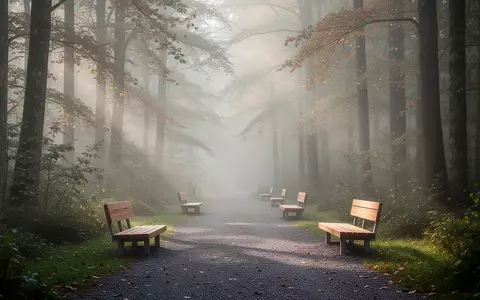 Ein nebliger Waldweg in einer ruhigen Kurregion mit schlichten Holzbänken und sanftem Morgenlicht. - Foto: über boerse-global.de