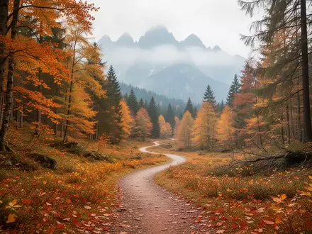 Ein geschwungener Wanderweg in einem herbstlichen Wald mit bunten Blättern und nebligen Bergen im Hintergrund. - Foto: über boerse-global.de