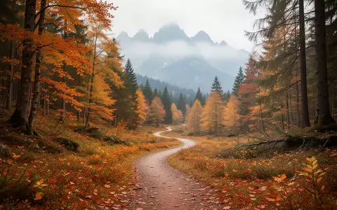 Ein geschwungener Wanderweg in einem herbstlichen Wald mit bunten Blättern und nebligen Bergen im Hintergrund. - Foto: über boerse-global.de