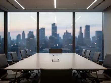 Ein minimalistischer, leerer Konferenzraum mit Blick auf eine Stadtkulisse in der AbenddĂ€mmerung. - Foto: ĂŒber boerse-global.de