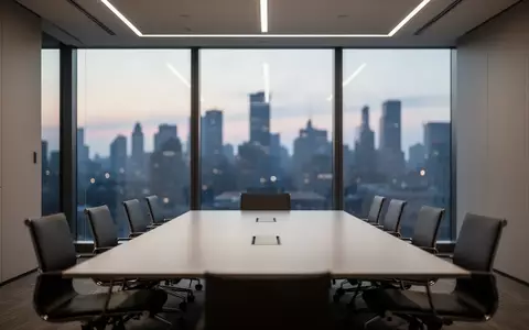 Ein minimalistischer, leerer Konferenzraum mit Blick auf eine Stadtkulisse in der Abenddämmerung. - Foto: über boerse-global.de
