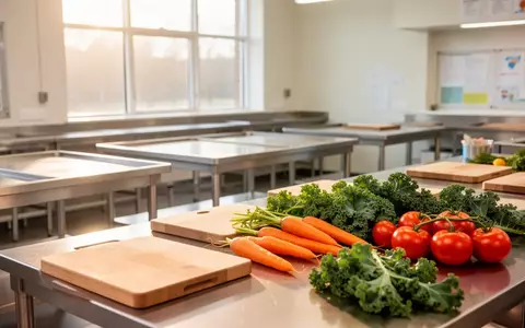 Heller, moderner Küchenbereich in einer Schule mit frischem Gemüse auf Holzküchenbrettern und Edelstahltischen. - Foto: über boerse-global.de