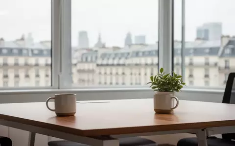 Ein minimalistischer, heller Arbeitsplatz in einem Büro mit Blick auf eine Stadtkulisse. - Foto: über boerse-global.de