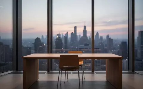 Ein minimalistischer, moderner Arbeitsplatz in einem Hochhaus bei Dämmerung mit Blick auf die Stadt. - Foto: über boerse-global.de