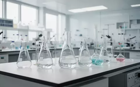 Moderne Laborausstattung mit Glasgefäßen auf einem sauberen Arbeitstisch in einer medizinischen Forschungseinrichtung. - Foto: über boerse-global.de