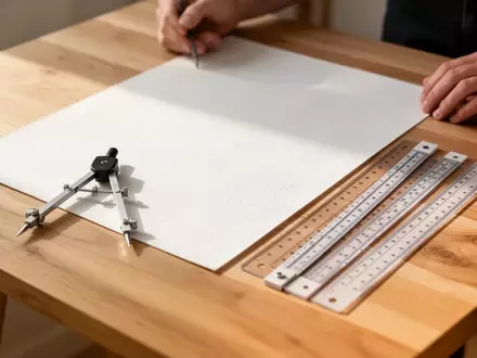 Ein minimalistischer Zeichentisch mit einem Metallzirkel und architektonischen Maßstäben auf hochwertigem Zeichenpapier. - Foto: über boerse-global.de