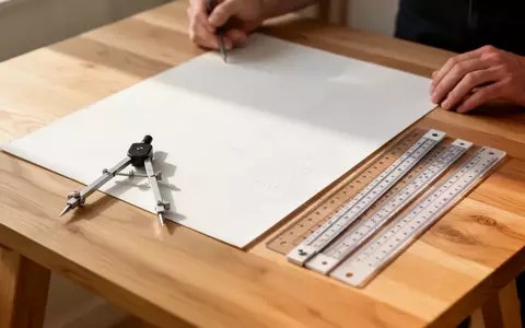 Ein minimalistischer Zeichentisch mit einem Metallzirkel und architektonischen Maßstäben auf hochwertigem Zeichenpapier. - Foto: über boerse-global.de