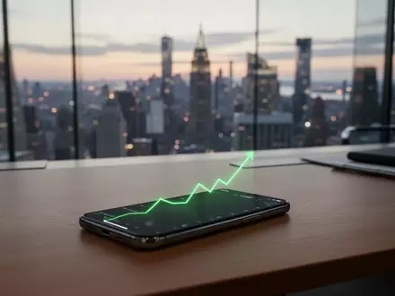 Ein Smartphone mit einem steigenden grünen Liniendiagramm auf einem Schreibtisch vor einer modernen Skyline bei Sonnenaufgang. - Foto: über boerse-global.de
