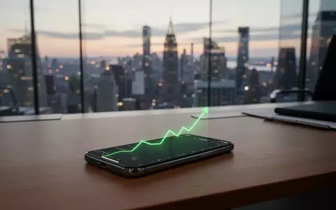 Ein Smartphone mit einem steigenden grünen Liniendiagramm auf einem Schreibtisch vor einer modernen Skyline bei Sonnenaufgang. - Foto: über boerse-global.de