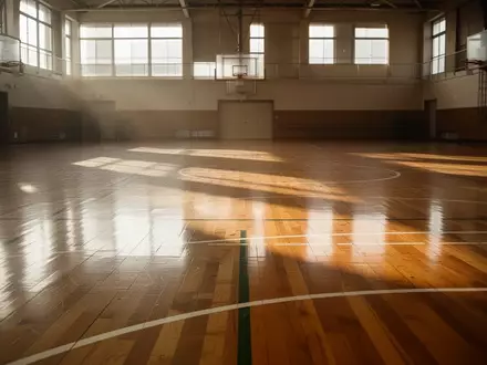 Eine leere, von Sonnenlicht durchflutete Sporthalle mit poliertem Holzboden und markierten Spielfeldern. - Foto: über boerse-global.de