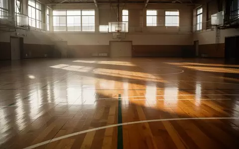 Eine leere, von Sonnenlicht durchflutete Sporthalle mit poliertem Holzboden und markierten Spielfeldern. - Foto: über boerse-global.de
