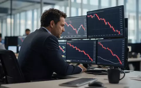 Ein Börsenhändler sitzt vor Monitoren, die fallende Aktienkurse in einem modernen Büro zeigen. - Foto: über boerse-global.de