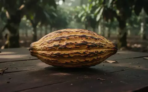 Eine einzelne Kakaofrucht auf einem rustikalen Holztisch in einer Plantage bei natürlichem Licht. - Foto: über boerse-global.de