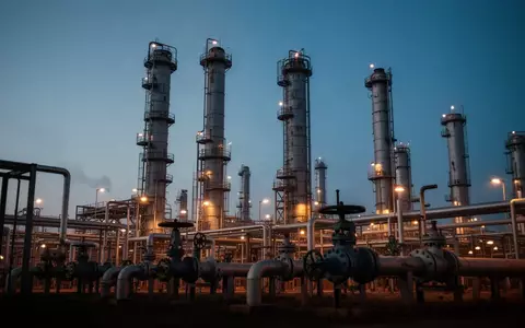 Industrielle Ölraffinerie bei Dämmerung mit hohen Destillationstürmen und Rohrleitungen. - Foto: über boerse-global.de