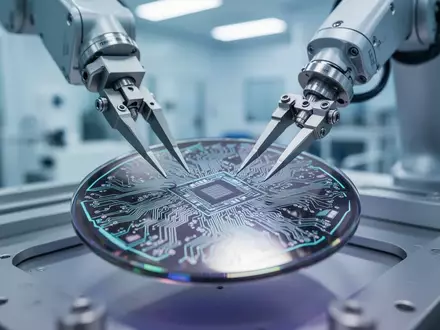 Ein Roboterarm in einer modernen Halbleiterfertigung bearbeitet einen Silizium-Wafer in einer Reinraumumgebung. - Foto: über boerse-global.de