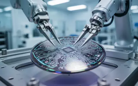 Ein Roboterarm in einer modernen Halbleiterfertigung bearbeitet einen Silizium-Wafer in einer Reinraumumgebung. - Foto: über boerse-global.de
