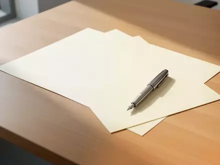 Ein minimalistischer, heller Schreibtisch mit einem Füllfederhalter und einem leeren Blatt Papier in einer sauberen Büroumgebung. - Foto: über boerse-global.de