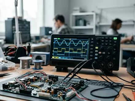 Ein modernes digitales Oszilloskop auf einem Labortisch mit elektronischen Bauteilen und Messleitungen. - Foto: über boerse-global.de