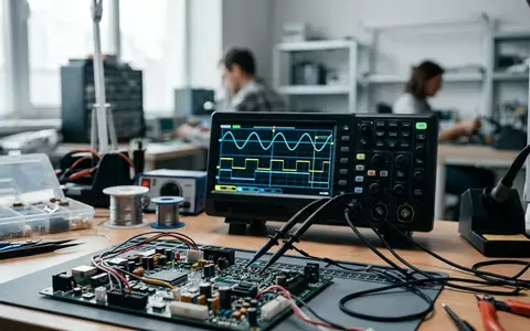 Ein modernes digitales Oszilloskop auf einem Labortisch mit elektronischen Bauteilen und Messleitungen. - Foto: über boerse-global.de