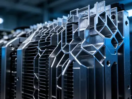 Nahaufnahme von metallischen Kühlrippen einer Hochleistungsserver-Hardware in einer industriellen Umgebung. - Foto: über boerse-global.de