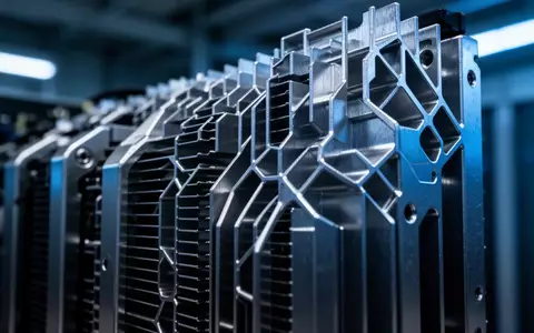 Nahaufnahme von metallischen Kühlrippen einer Hochleistungsserver-Hardware in einer industriellen Umgebung. - Foto: über boerse-global.de