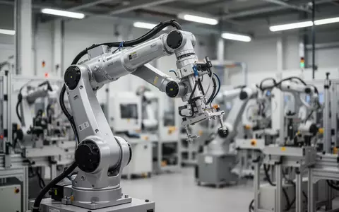 Ein moderner Industrieroboterarm in einer hellen Fertigungshalle. - Foto: über boerse-global.de