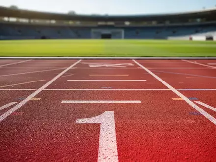 Eine leere, rote Kunststoff-Laufbahn in einem Leichtathletikstadion bei hellem Tageslicht. - Foto: über boerse-global.de