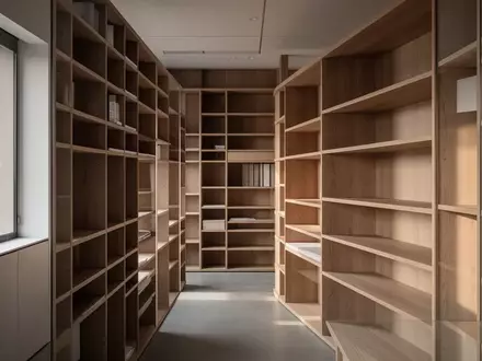 Minimalistisches Archiv mit leeren Holzregalen in einem hellen Bürogebäude bei natürlichem Lichteinfall. - Foto: über boerse-global.de