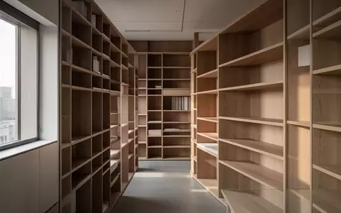 Minimalistisches Archiv mit leeren Holzregalen in einem hellen Bürogebäude bei natürlichem Lichteinfall. - Foto: über boerse-global.de