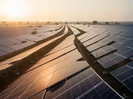 Moderne Solarpark-Anlage bei Sonnenuntergang mit ausgerichteten Photovoltaik-Modulen. - Foto: über boerse-global.de