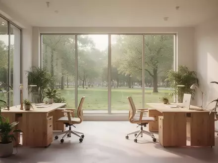 Ein heller, modern gestalteter Büroraum mit ergonomischen Holzmöbeln, Zimmerpflanzen und Blick ins Grüne. - Foto: über boerse-global.de