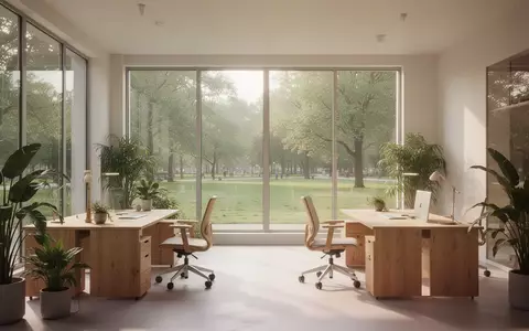 Ein heller, modern gestalteter Büroraum mit ergonomischen Holzmöbeln, Zimmerpflanzen und Blick ins Grüne. - Foto: über boerse-global.de