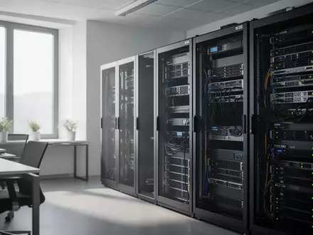 Moderne IT-Infrastruktur mit Server-Racks in einem professionellen Büroambiente. - Foto: über boerse-global.de