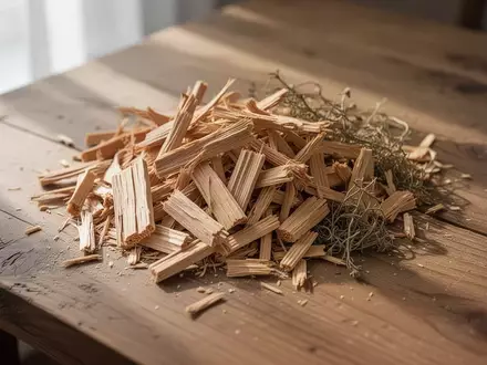 Natürliche Lärchenholzspäne und pflanzliche Fasern auf einem rustikalen Holztisch bei natürlichem Licht. - Foto: über boerse-global.de