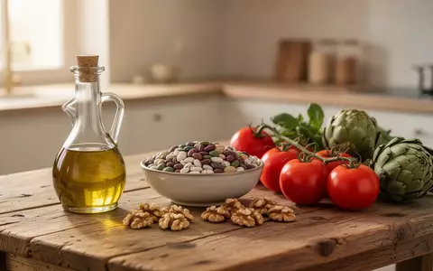 Frische mediterrane Lebensmittel wie Olivenöl, Hülsenfrüchte und Gemüse auf einem Holztisch in einer hellen Küche. - Foto: über boerse-global.de